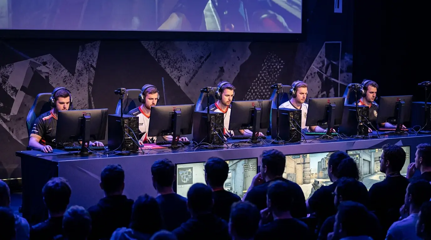 CS2 — esport-turnering med hold på scene foran publikum
