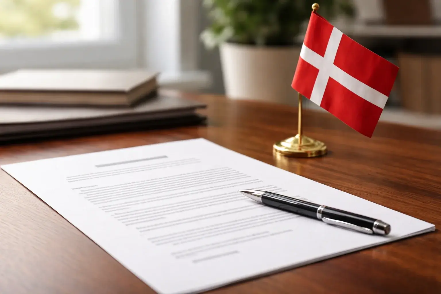 Dansk licens — officielt dokument på skrivebord med dansk flag