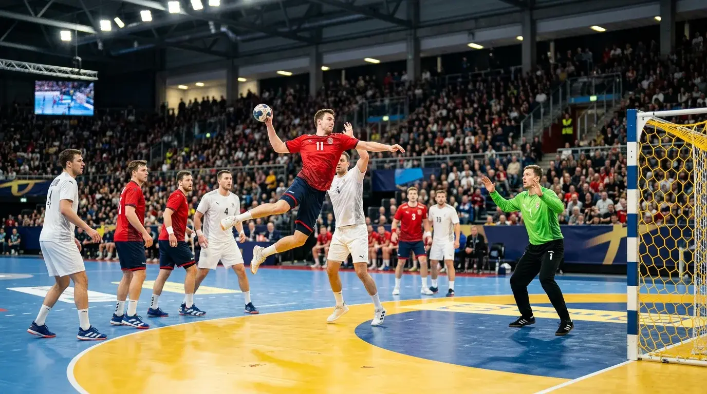 Håndbold — kamp i indendørs arena med angriber og målmand