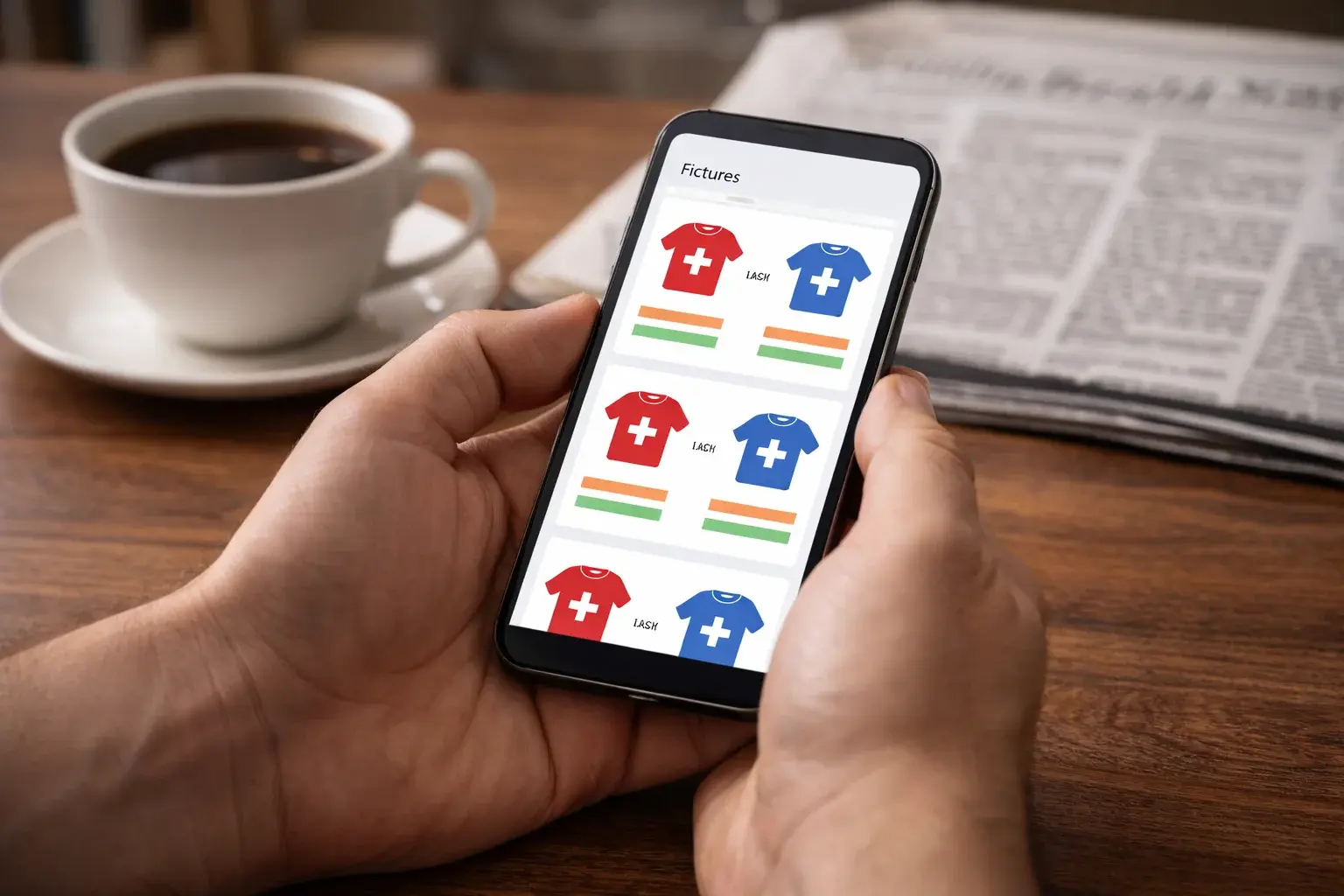 Opstilling og skader — smartphone med sportsskema i håndflade
