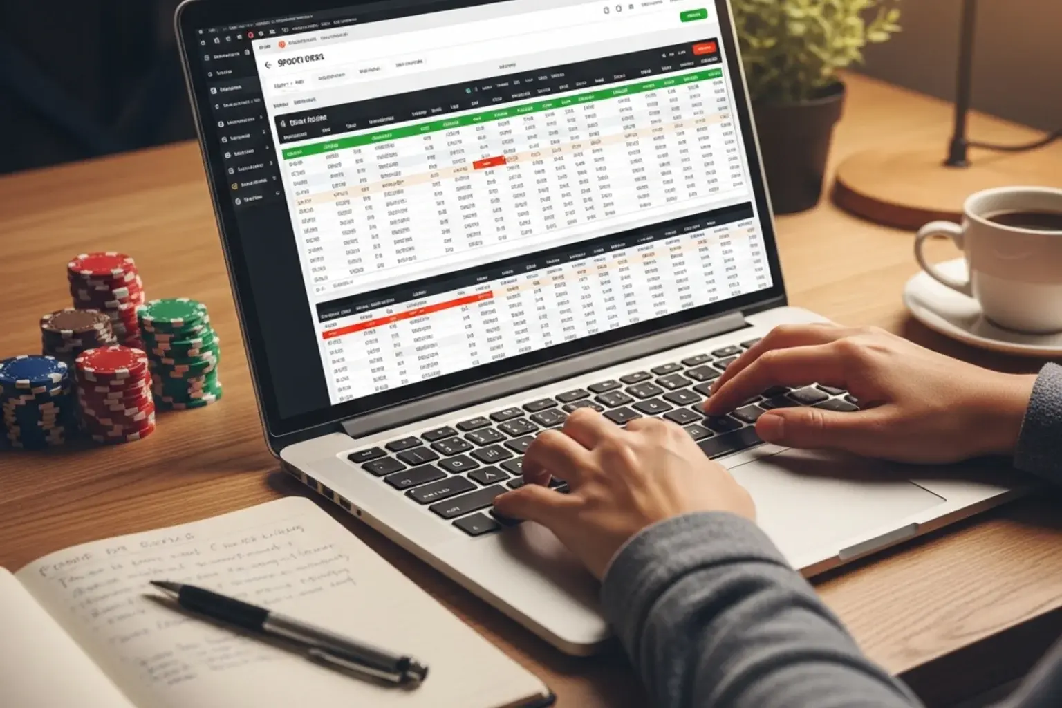 Matched betting — bærbar computer med analyse og håndskrevne noter