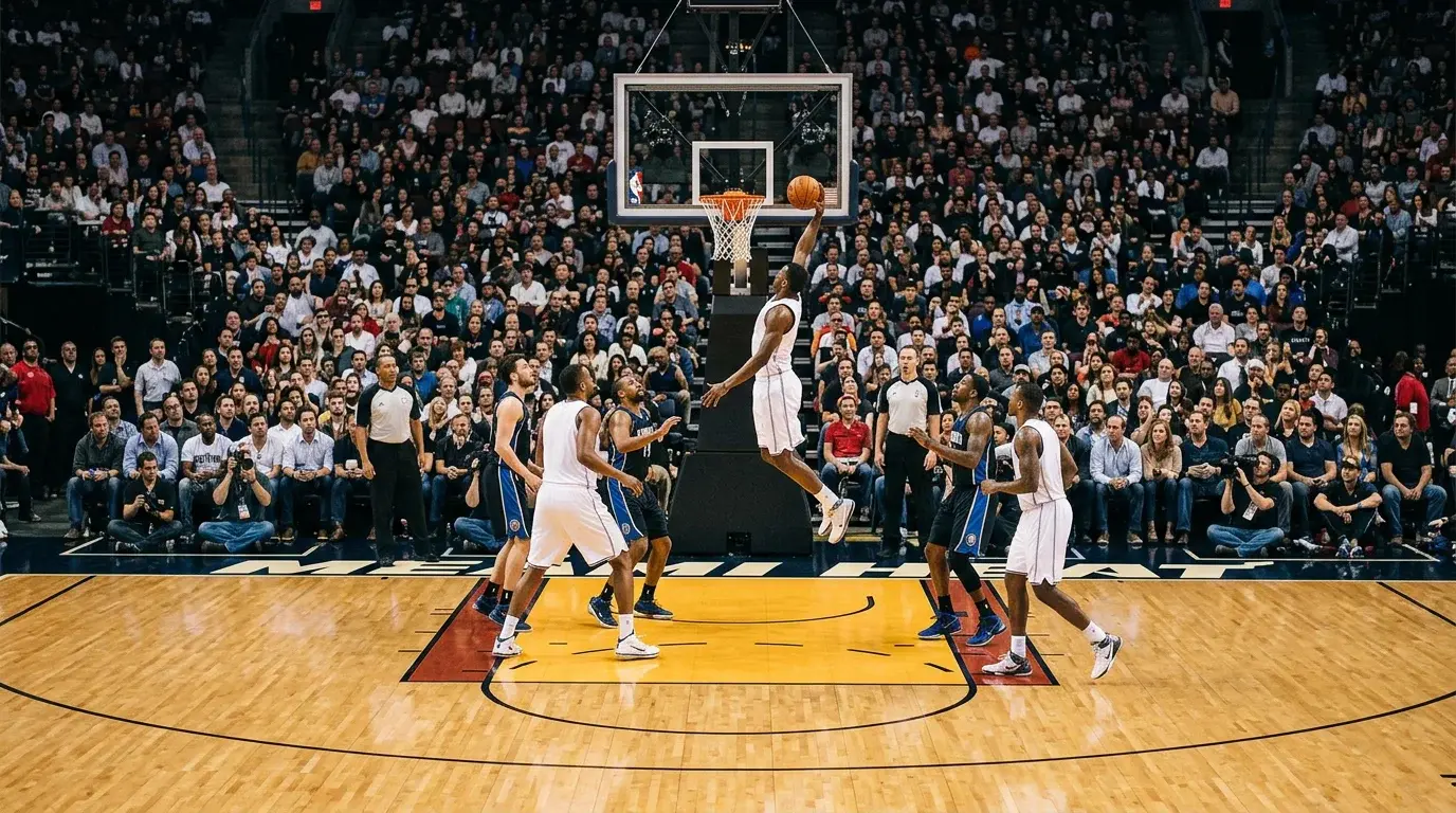 NBA-basketball — kamp på parketbane med spiller nær kurv