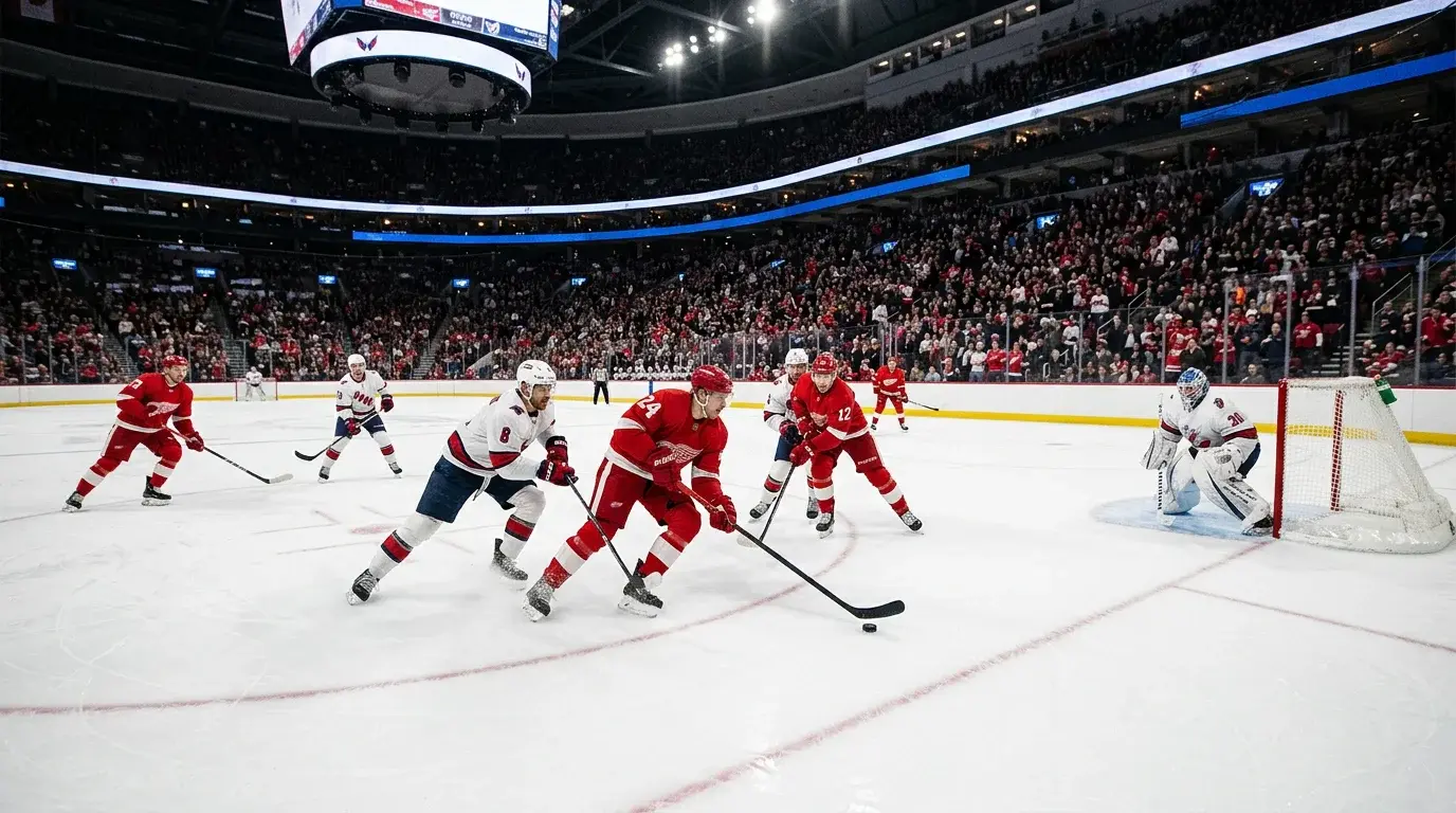 NHL-ishockey — spillere i fuldt udstyr på isen med puck
