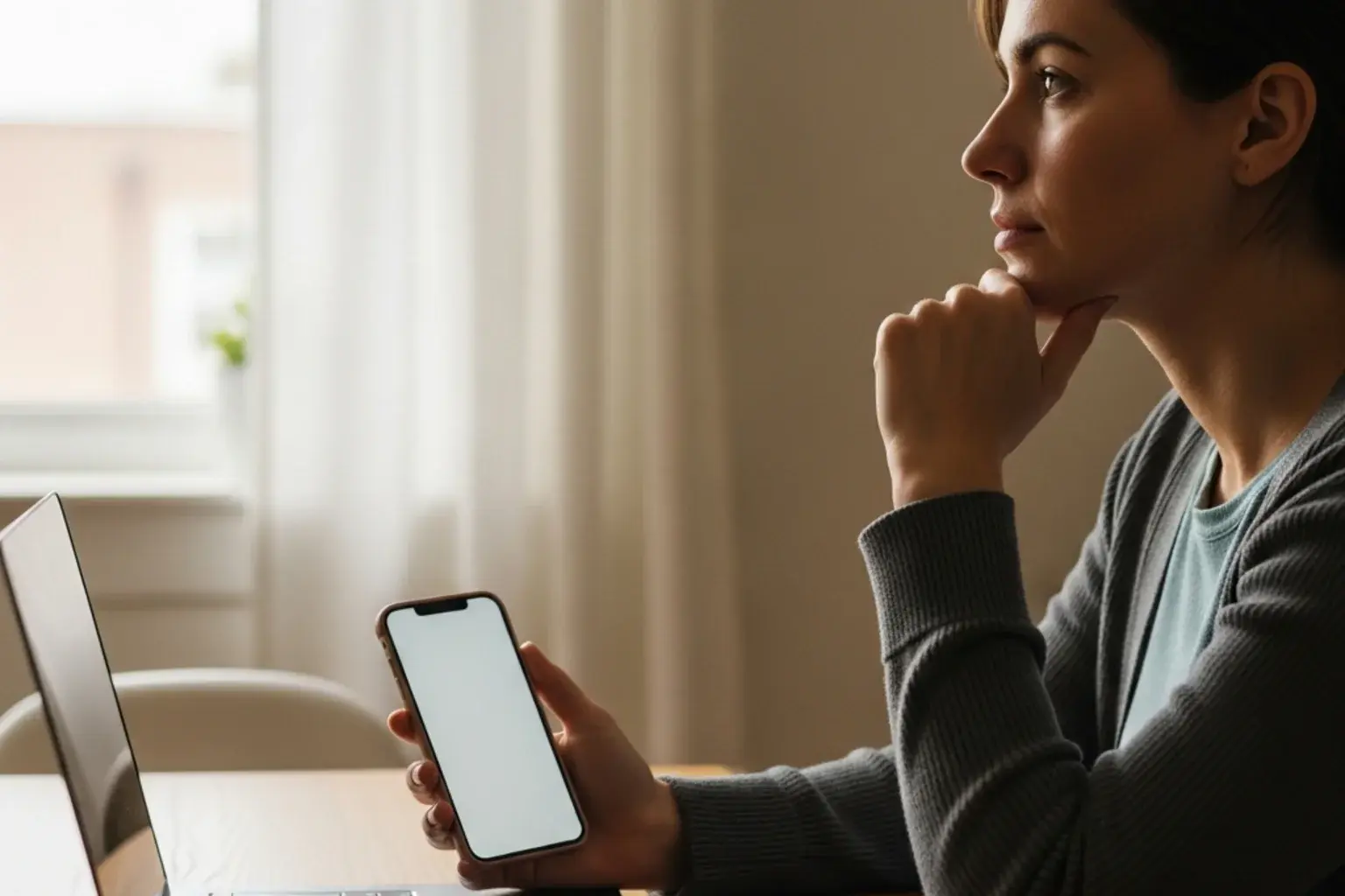 Ansvarligt spil — person i eftertænksom positur med smartphone