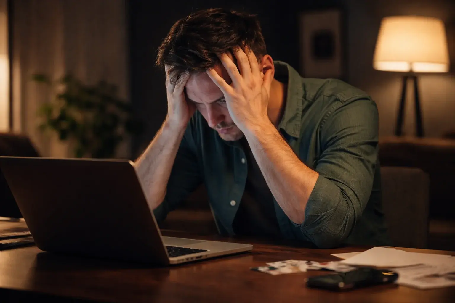 Tilt og loss chasing — person med hovedet i hænderne ved skrivebord