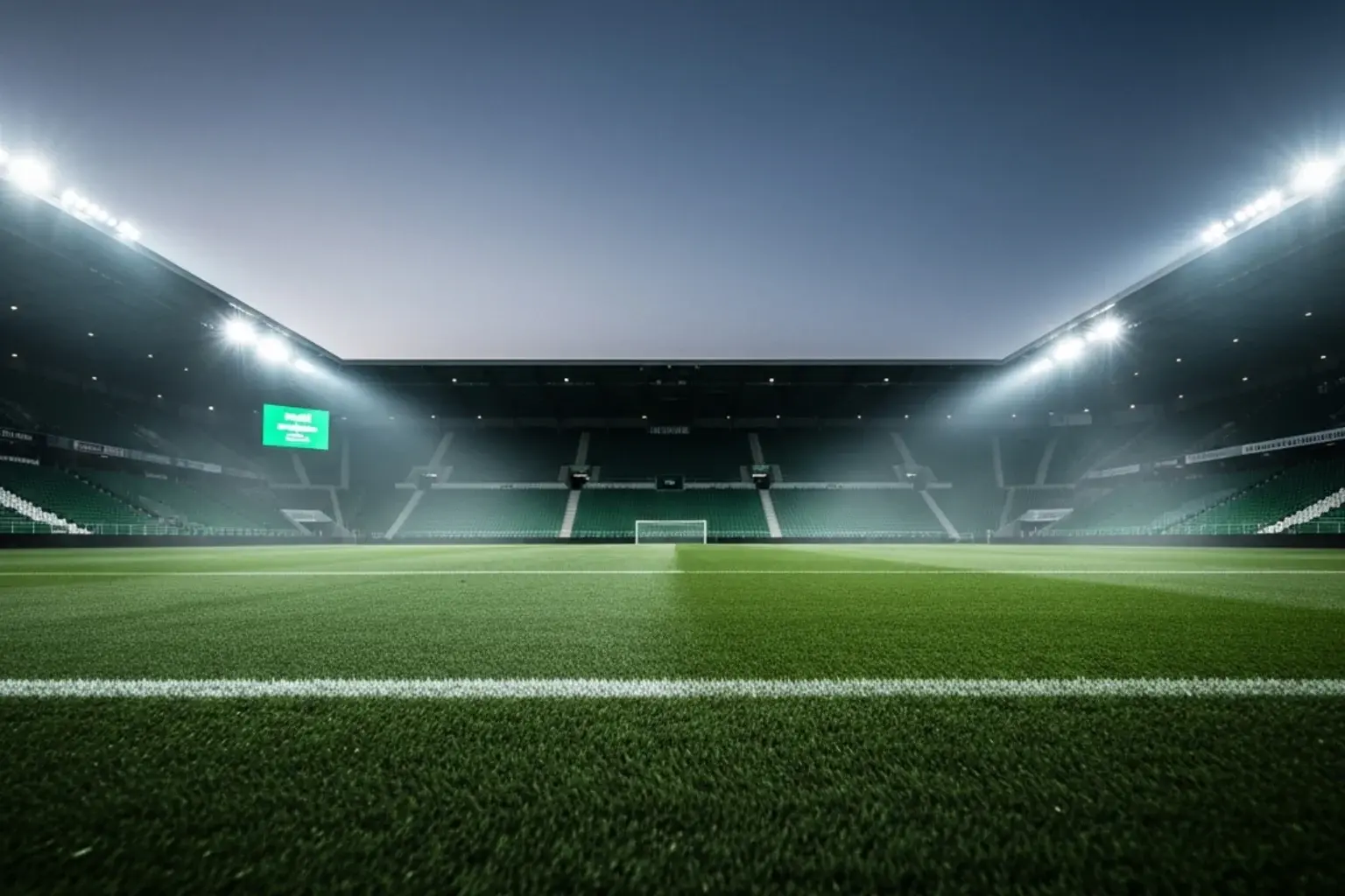 Oplyst fodboldstadion i skumring — scenen, hvor danske væddemål idéer tager form